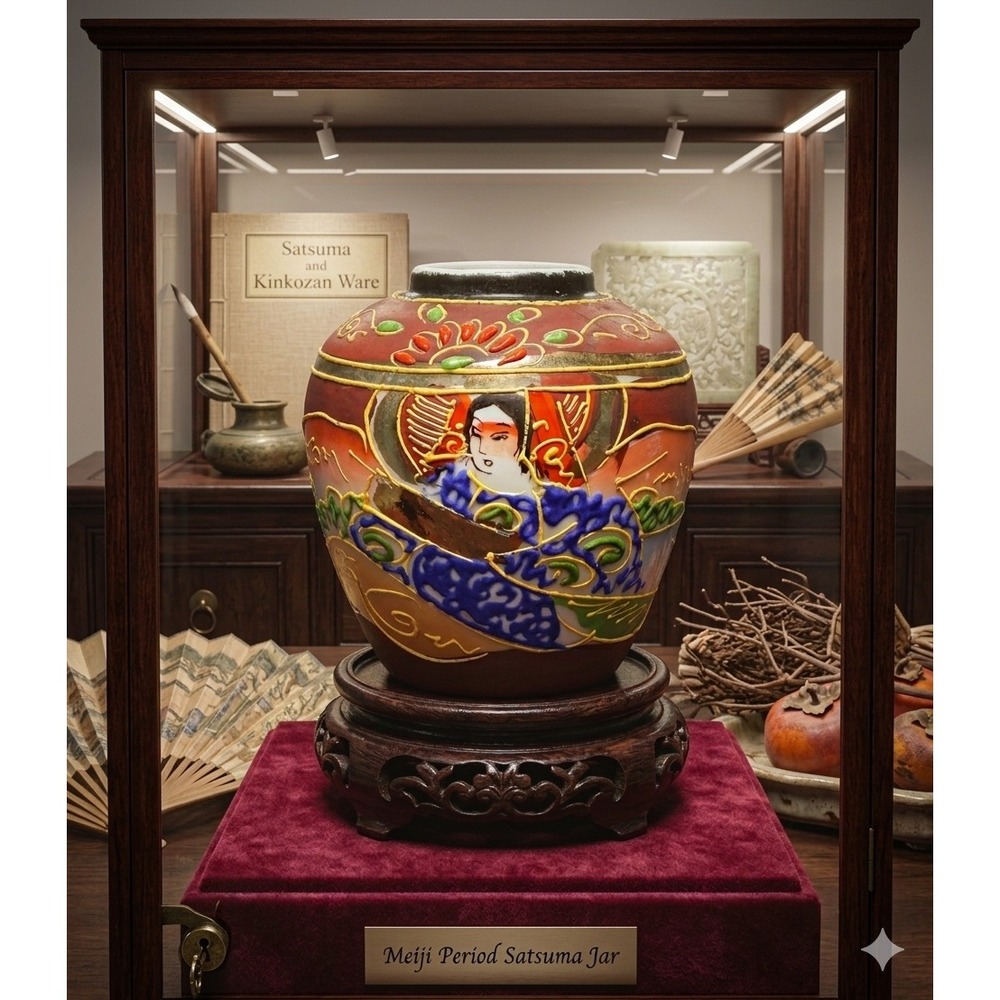 1920s Meiji Period Japanese Satsuma Moriage Jar Hand Painted Made in Japan